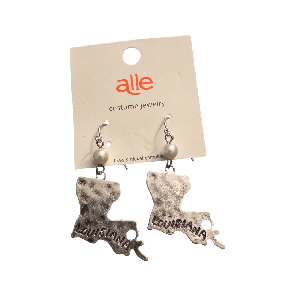 NWT Alle Costume Jewelry Louisiana State Map Dangle Earrings Silver Tone